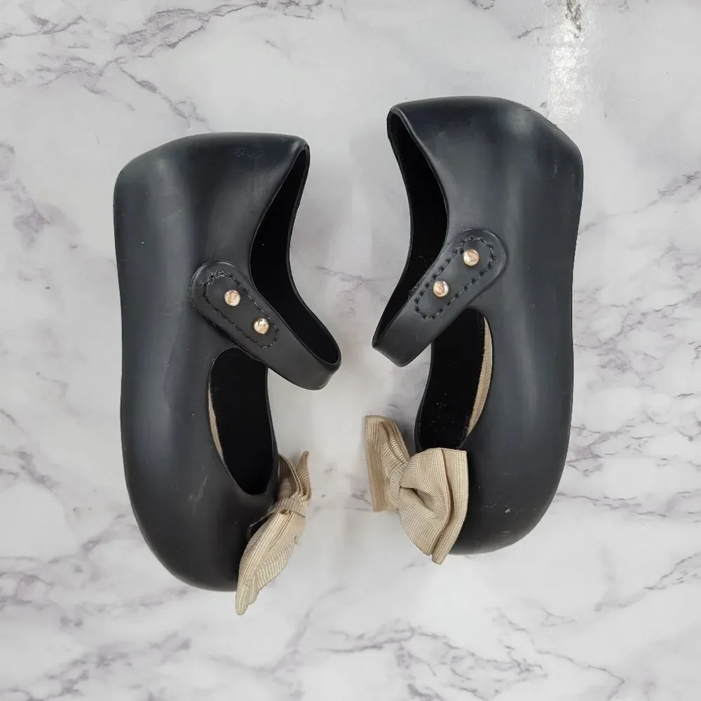 Mini Melissa Peep Toe Black Mary Jane Kids Shoes with Bow Rubber Jelly Dress